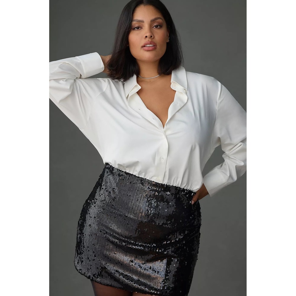 Mare Mare Twofer White Button Down Black Sequin Skirt Combo Mini Dress - Picture 4 of 12